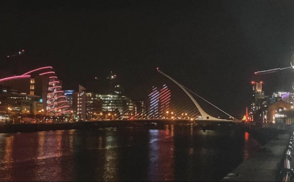 Christmas lights on samuel beckett bridge in Dublin