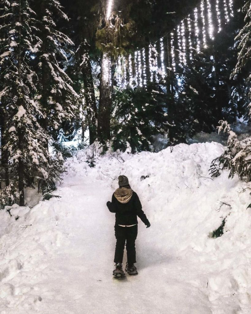 Grouse mountain lights snowshoeing path at Christmas