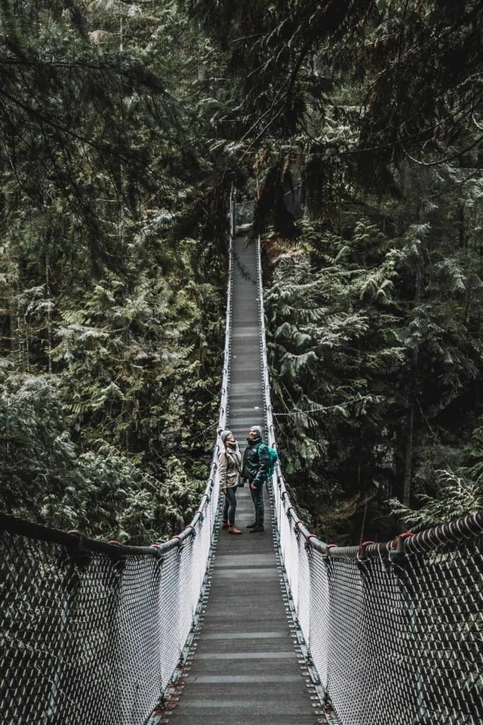 Lynn Valley suspension bridge in Vancouver in the rain