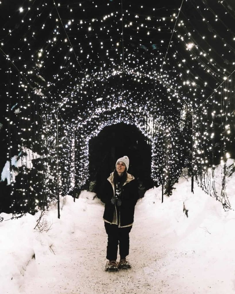 Grouse mountain lights snowshoeing path at Christmas