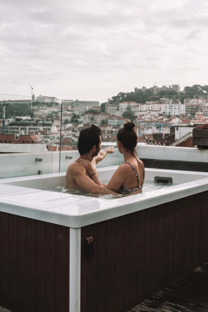 couple in hot tub at casa balthazar hotel in Lisbon