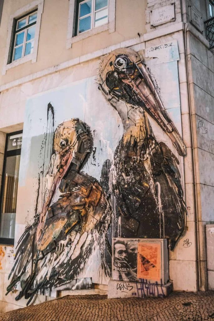 Bordalo II Pelicans, street art in Lisbon