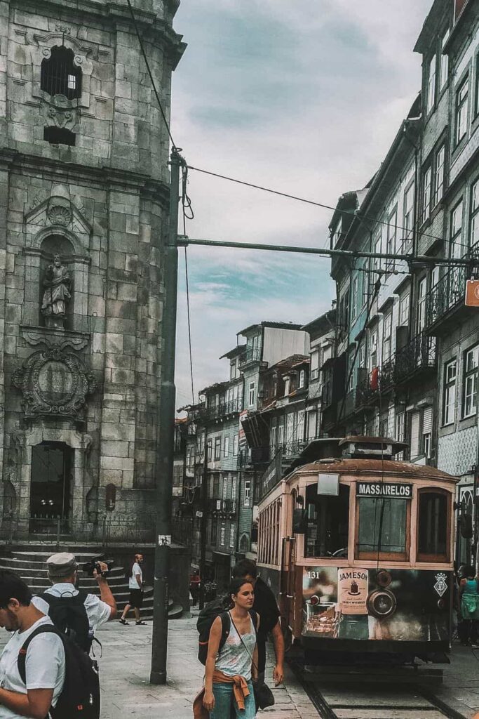 Tram and Clerigos tower in Porto