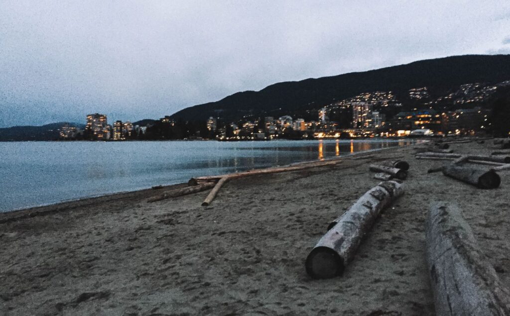 Beautiful beach in Ambleside after sunset