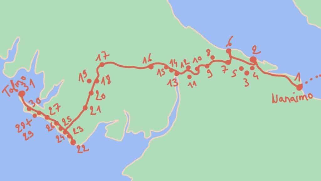 Nanaimo to Tofino map (Itinerary 1)