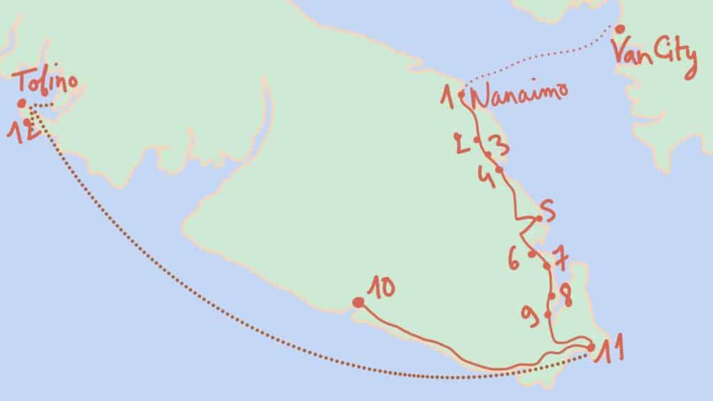 Nanaimo to Tofino map through Victoria (Itinerary 2)