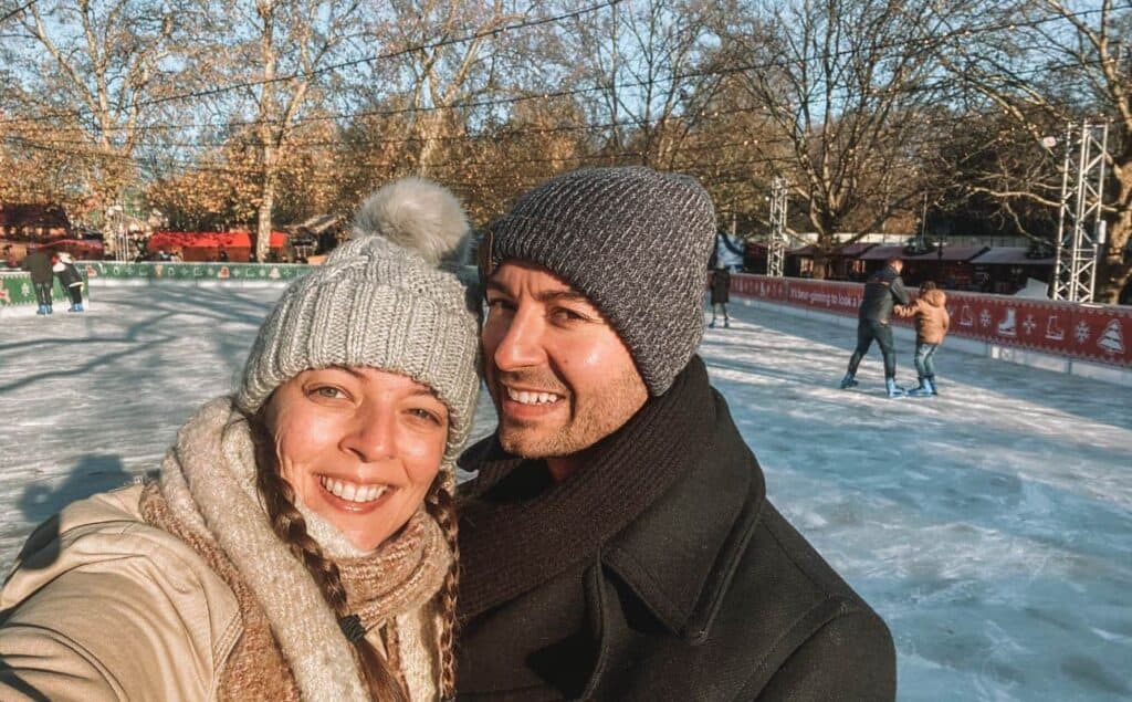 Us ice skating in London at 10am, one of the funnest morning date ideas we've done