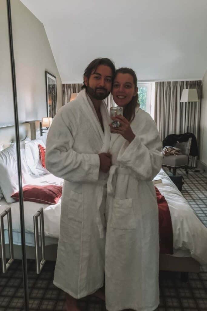 Us in robes in Luxembourg, ready to head to the spa