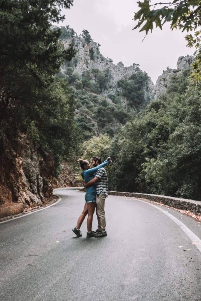 Us in the gorges in Crete while on our romantic road trip to pink beach
