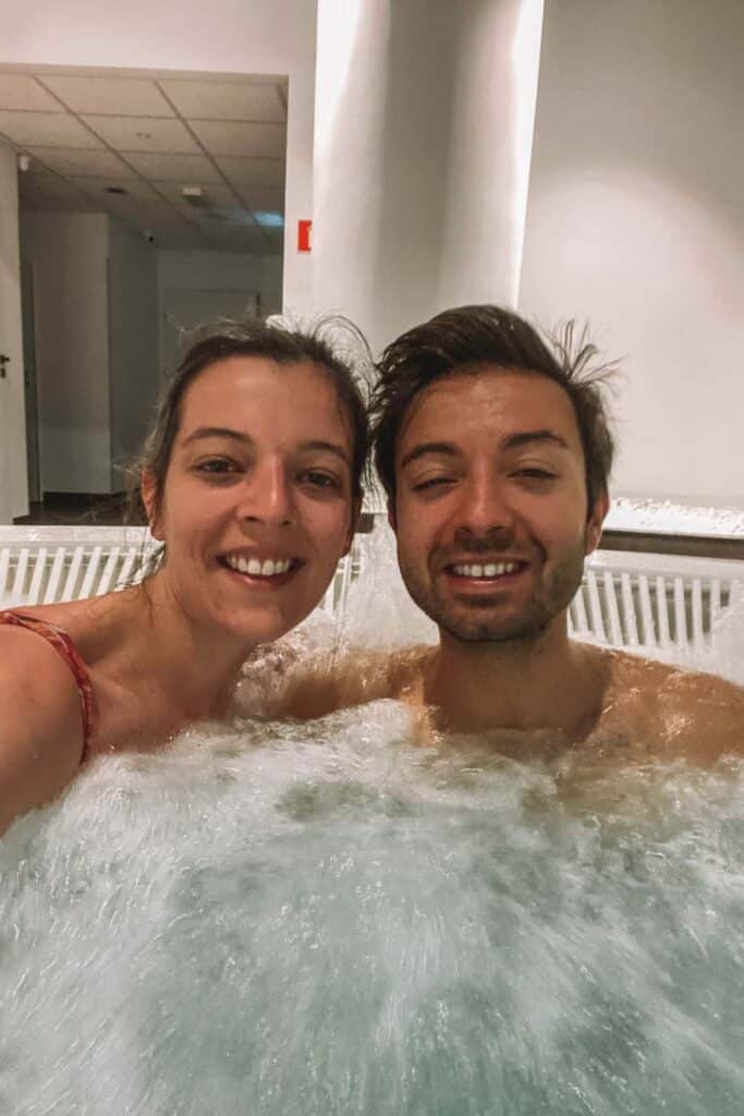 Us in the hot tub on a date in Poland