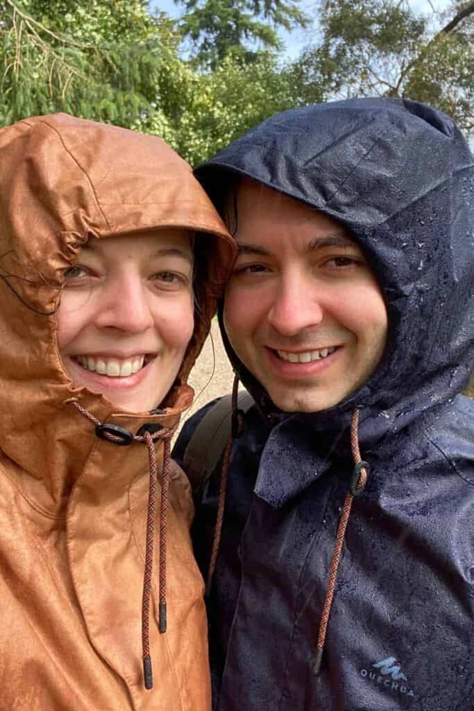 Us on a hiking date in Ireland, wearing our rain jackets from Decathlon