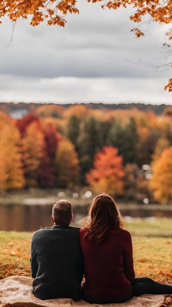 couple having a picnic in the fall foliage