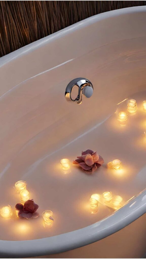 flowers and candle in a milky bathtub