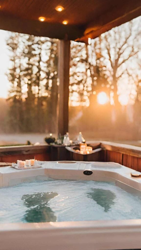 hot tub at sunset with candles