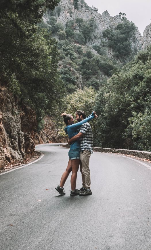 Us on a road trip through Crete, one of the best road trips for couples