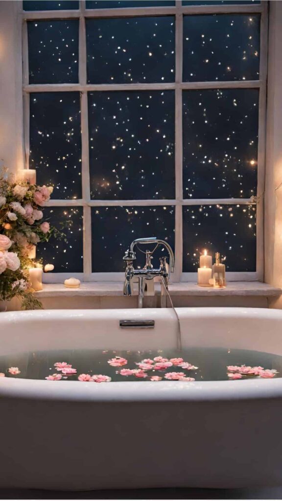 romantic bathtub setting with flowers floating on the wtaer and starry sky through the window