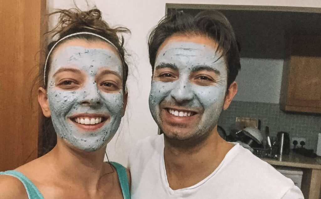 Us with face masks from Lush during a spa date at home in Ireland