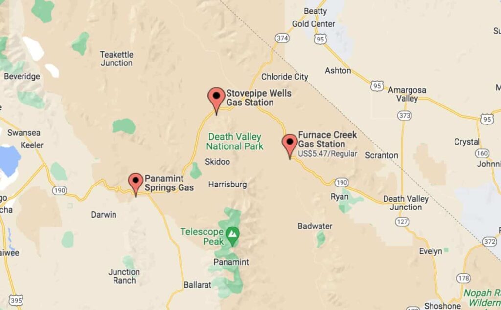 map of gas stations in Death Valley