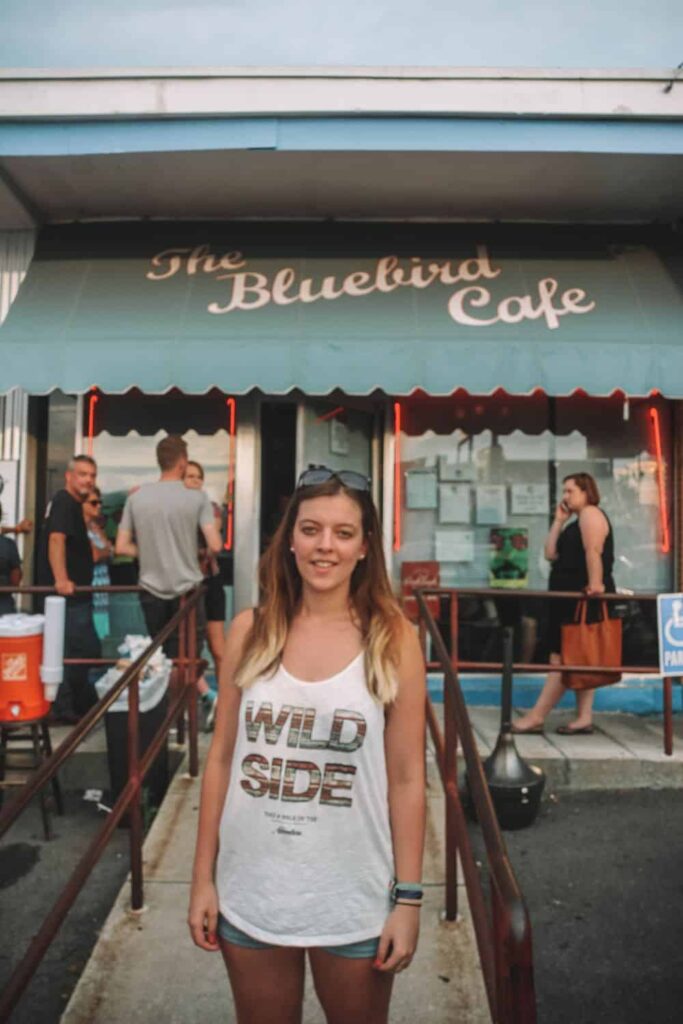 Marie in front of the line in Bluebird Cafe