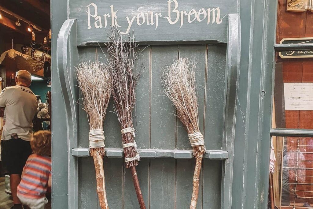Harry Potter themed brooms on the street in York