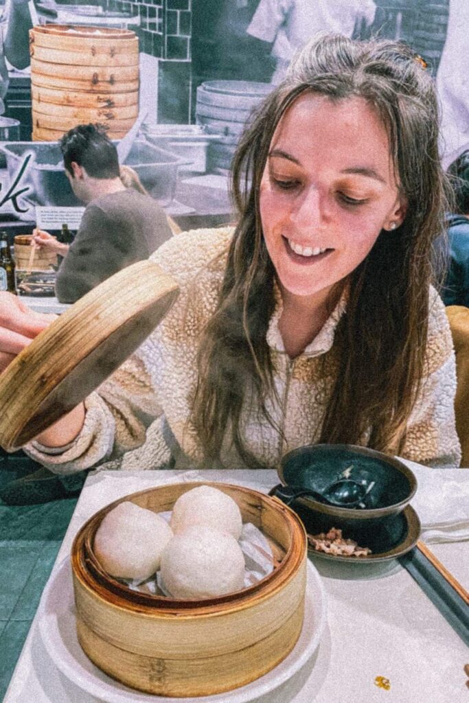 Marie eating dim sum at Dim Sum Duck, one of the most delicious date ideas in London