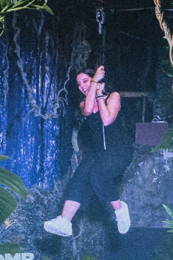 Marie zip lining at the Tomb Raider experience