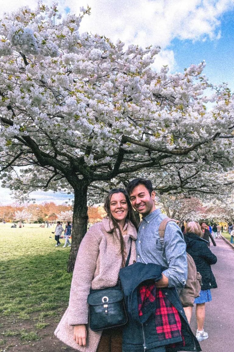 Us checking out the cherry blossoms in Battersea Park, one of the best spring London date ideas