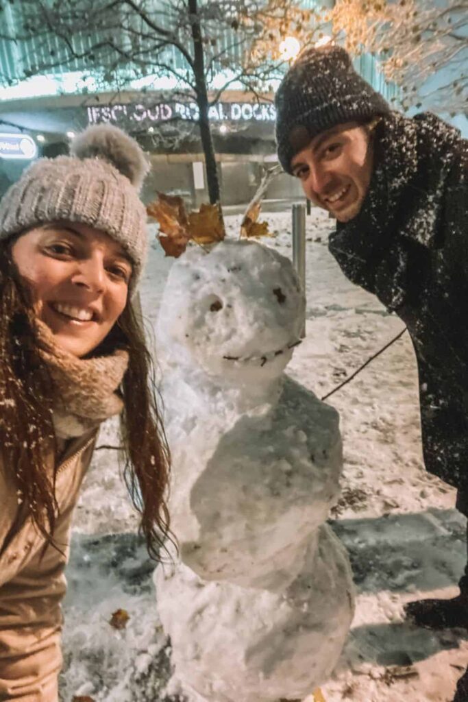 Us making a snowman in London during winter