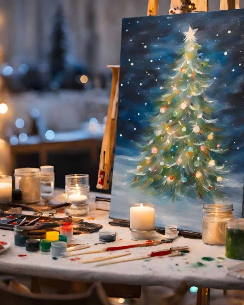 Christmas tree painting on table with brushes