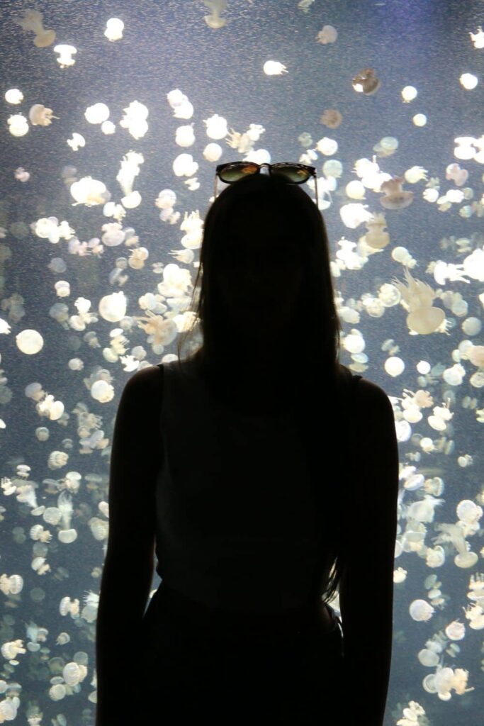 Marie in front of the Jellyfish Aquraium. We think this photo is so cool!