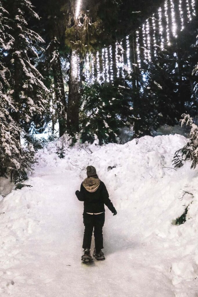 Marie on a snowshoe trail for a North Pole inspired date