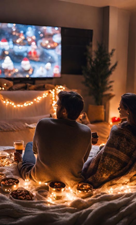 couple watching holiday movie with twinkly lights on a date