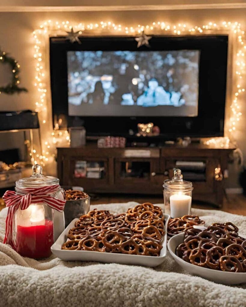 chocolate covered pretzels in christmas decorated room with holiday movie on TV