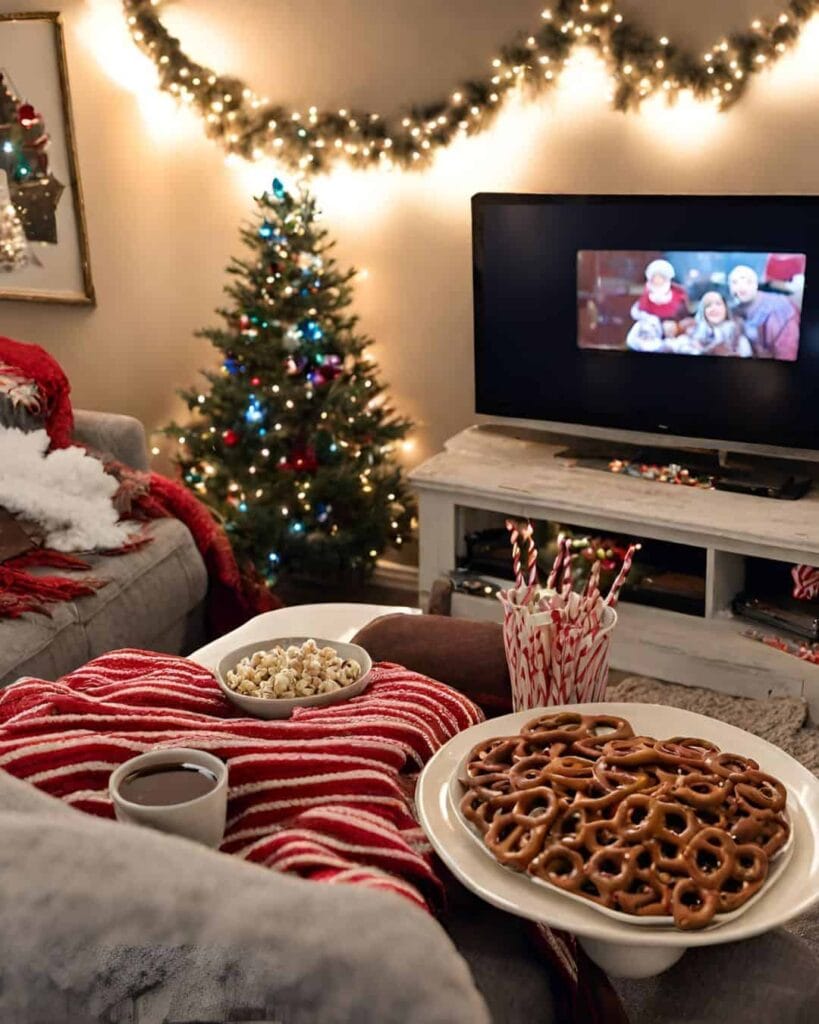christmas set up for a date with chocolate pretzels and a Holiday movie playing