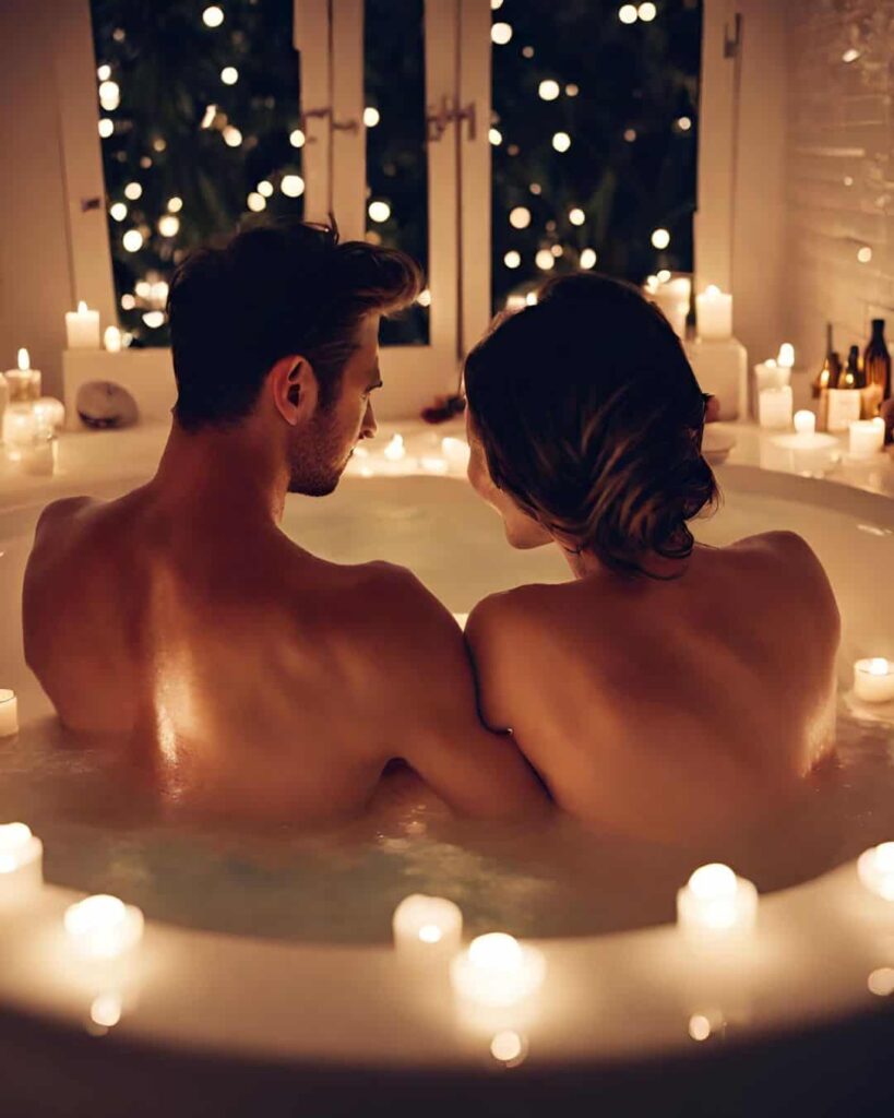 couple in a bathtub in romantic setting looking out the window