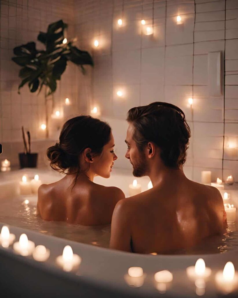 couple in bathtub with candles and twinkly lights around them