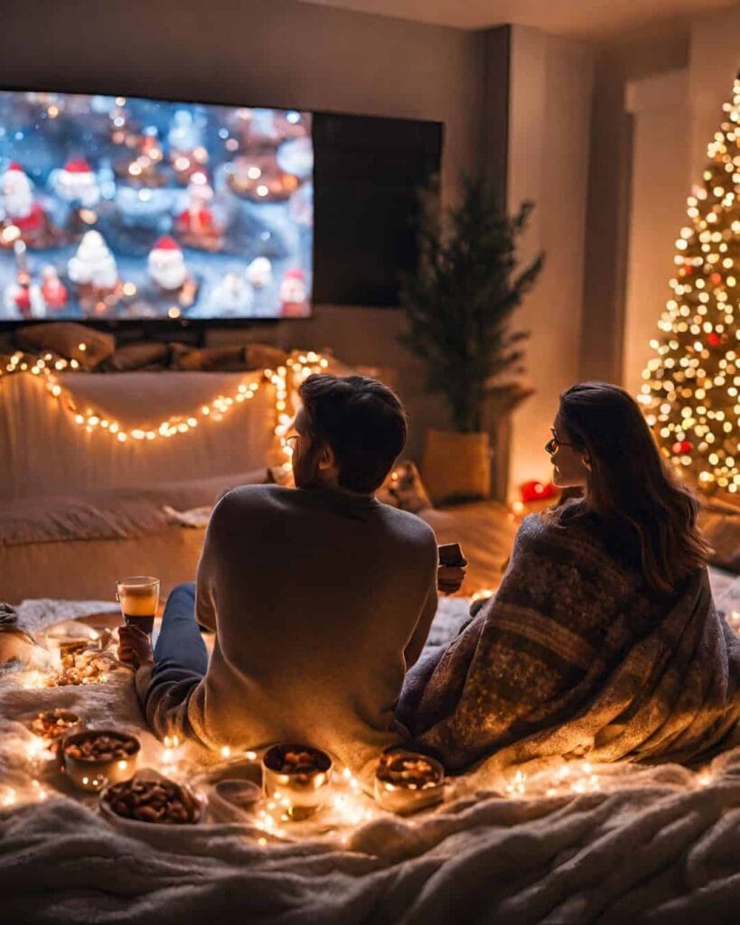 couple watching a Christmas movie surrounded by twinkly lights