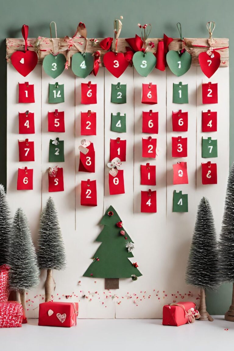 advent calendar in green and red with heart and pine tree designs