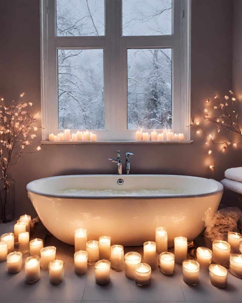filled bathtub with lots of candles in front of frosty window