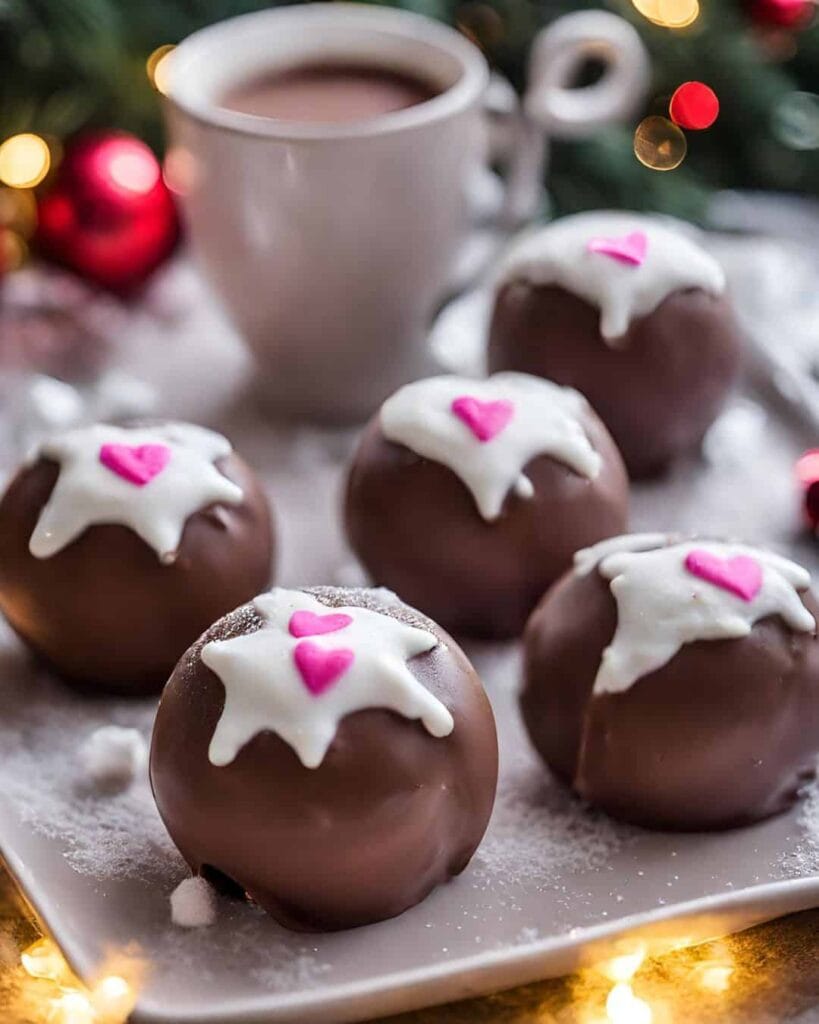 five hot chocolate bombs with marshmallows and heart sprinkles