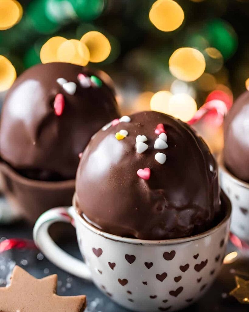 hot chocolate balls with heart sprinkles in cute cups