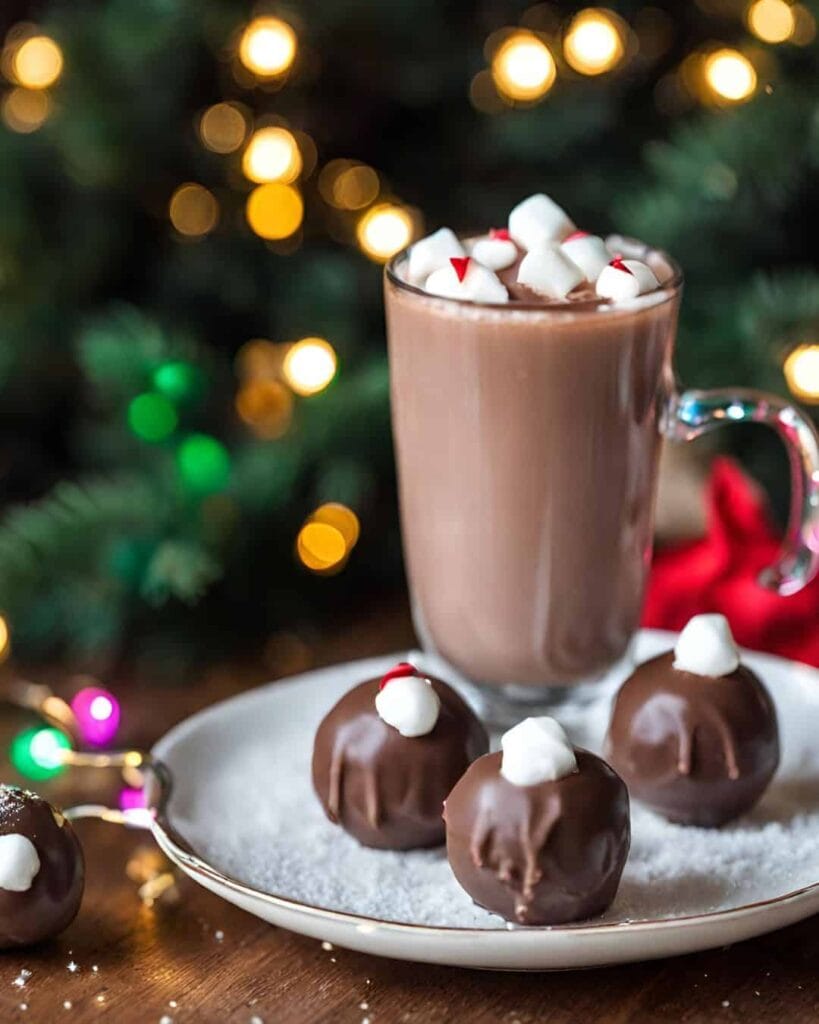hot chocolate with hot chocolate bombs on a plate