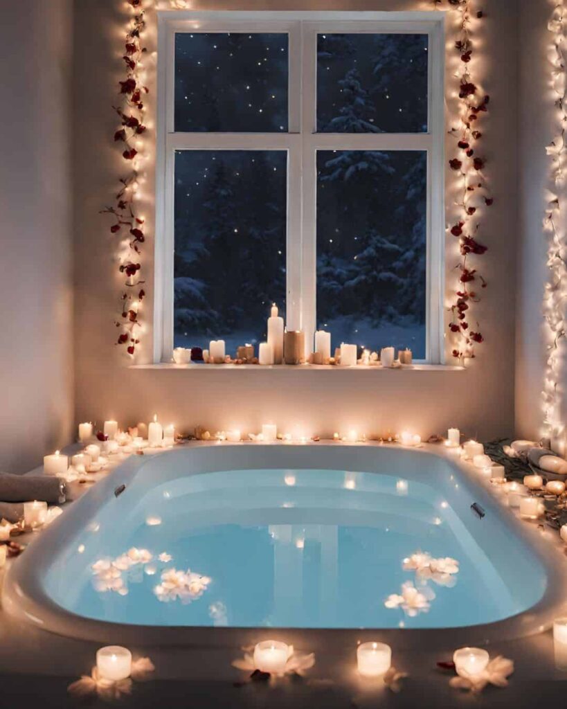 romantic bathtub with candles and twinkly lights