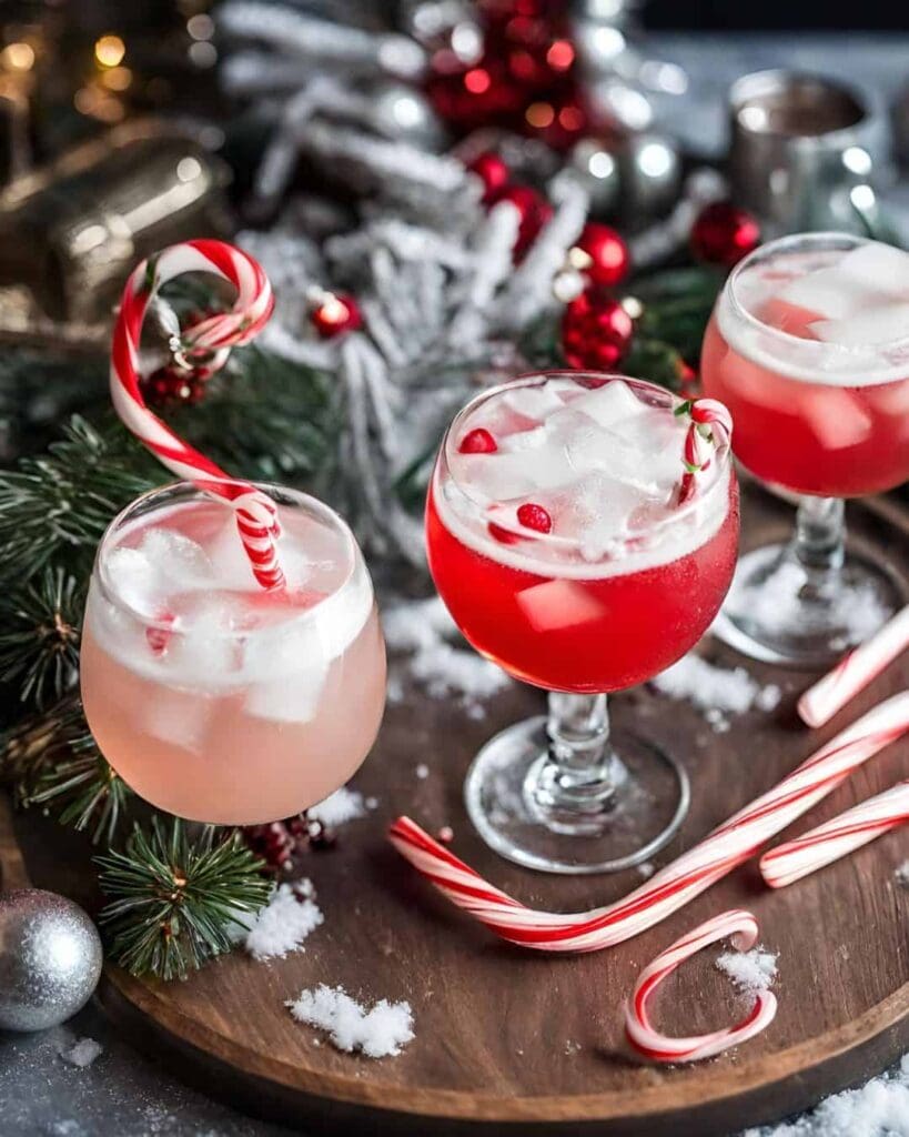 three winter cocktails with red drink and candy canes