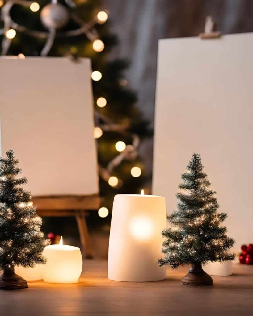 two canvas on table surrounded by twinkly lights