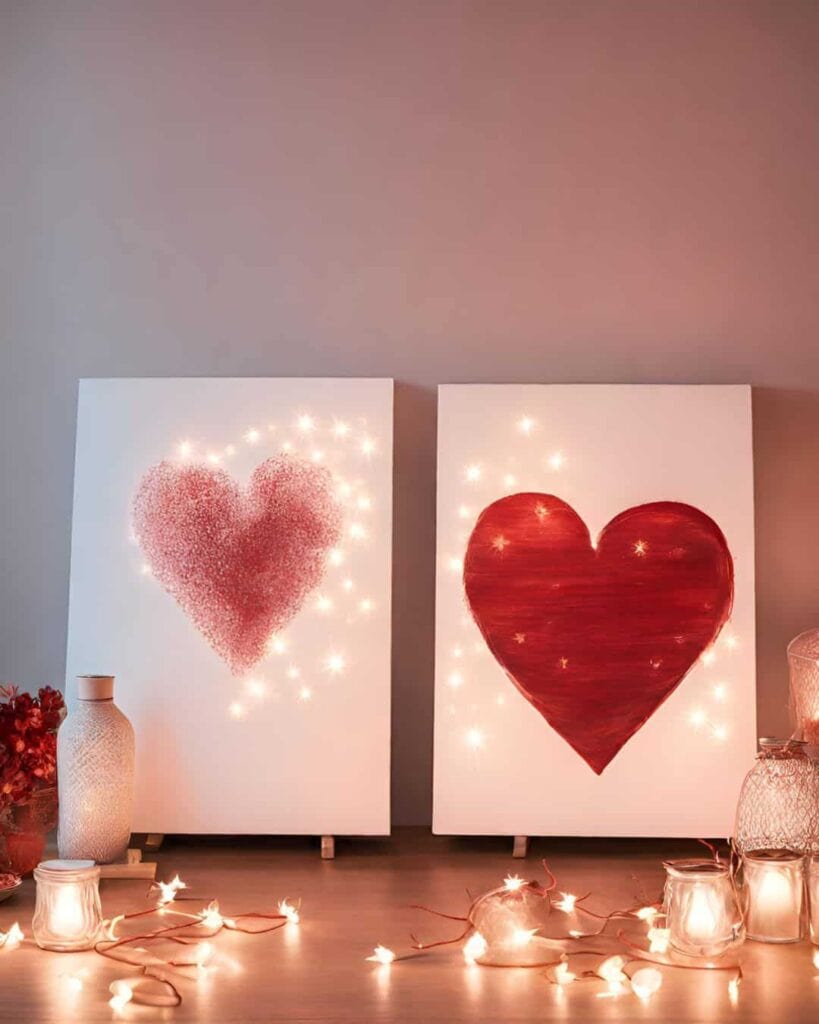 two canvas with heart painted on them and lights around them