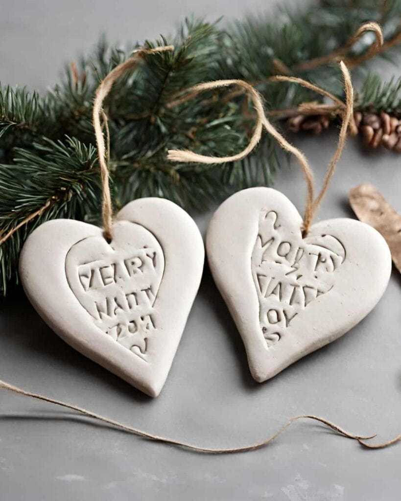 two clay heart shaped engraved ornament