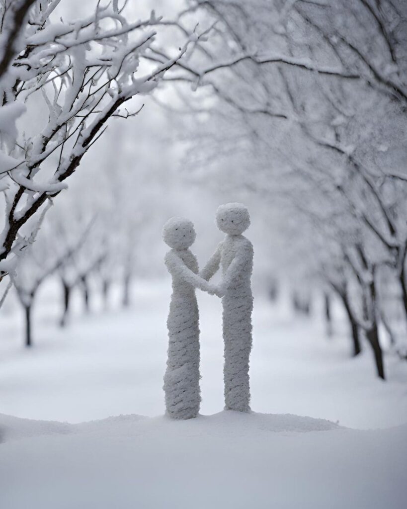 two snow persons holding hands in the snow covered forest