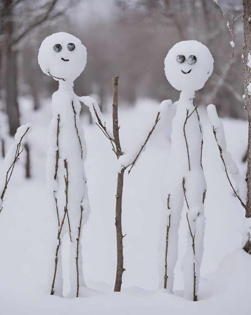 two snowpeople holding hands