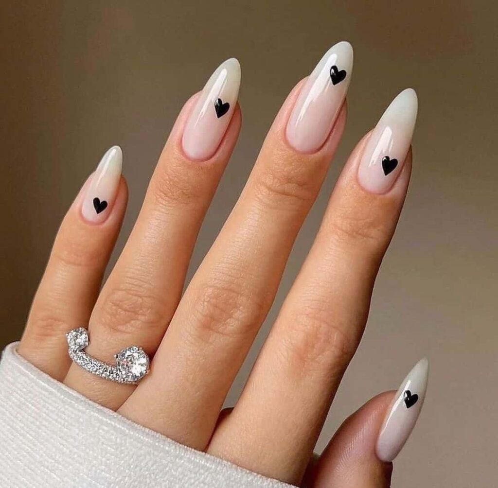 Black hearts on chrome nails for Valentine's day